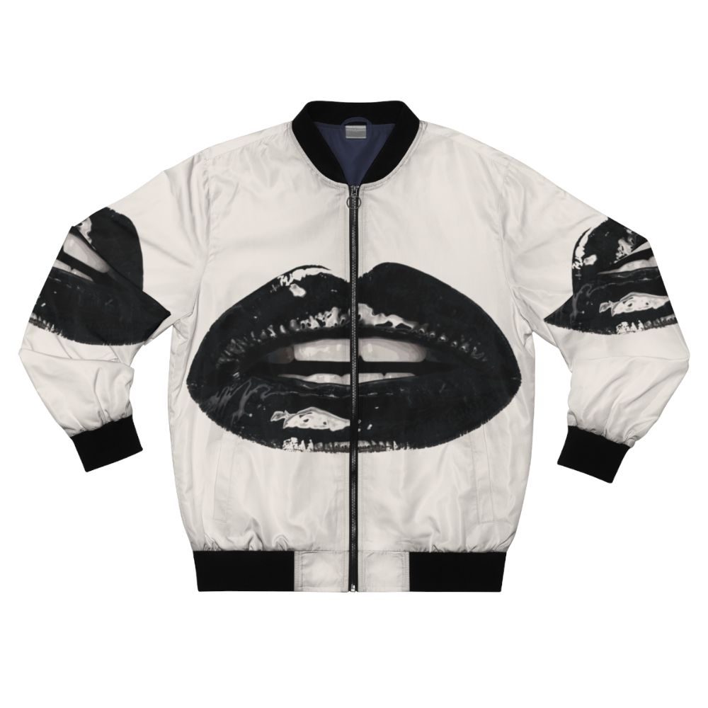 Black bomber jacket with realistic lips and teeth design, featuring a gothic, vampire-inspired style.