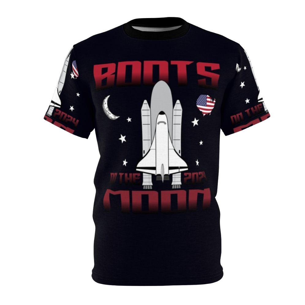 A t-shirt featuring a space-themed design with funny quotes about moon boots