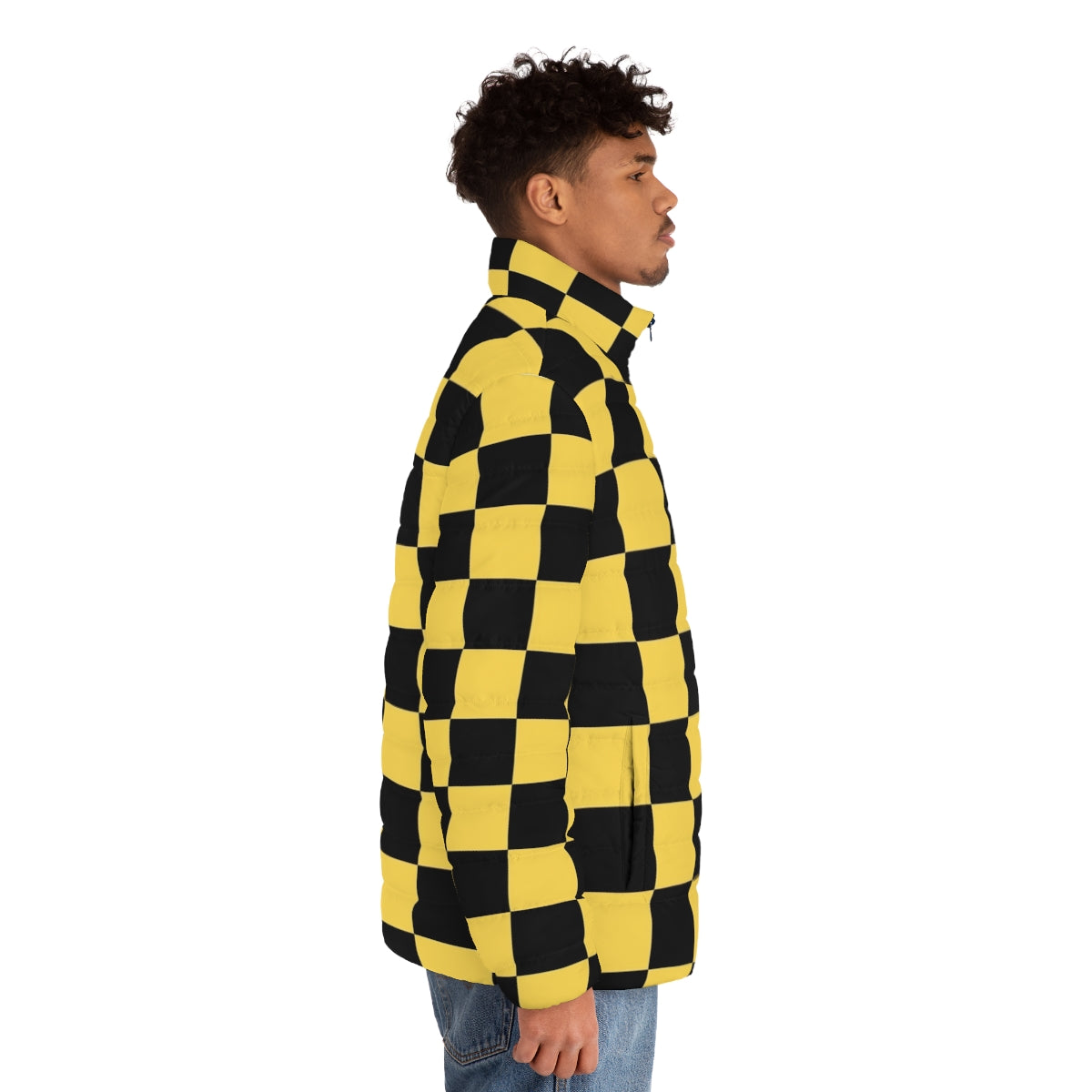 Black and yellow checkered patterned puffer jacket - men side right