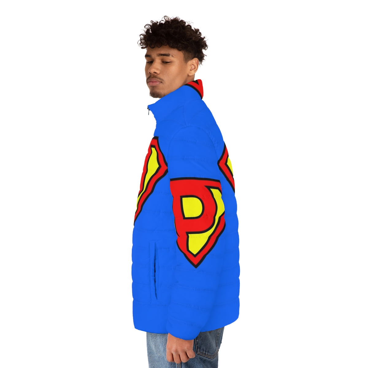 Super Letter P Puffer Jacket - Superhero Themed Outerwear - men side left