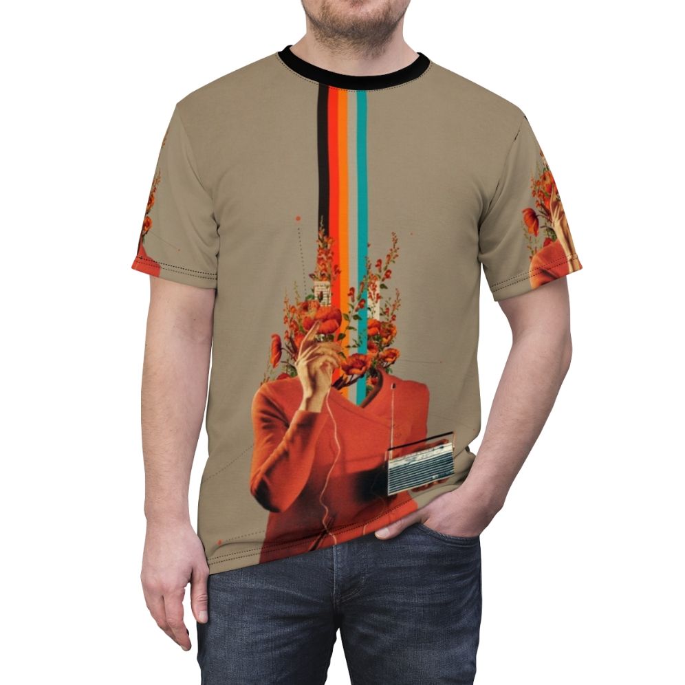 A colorful vintage-inspired T-shirt featuring a surreal collage design of a woman, music elements, and vibrant floral patterns. - men front