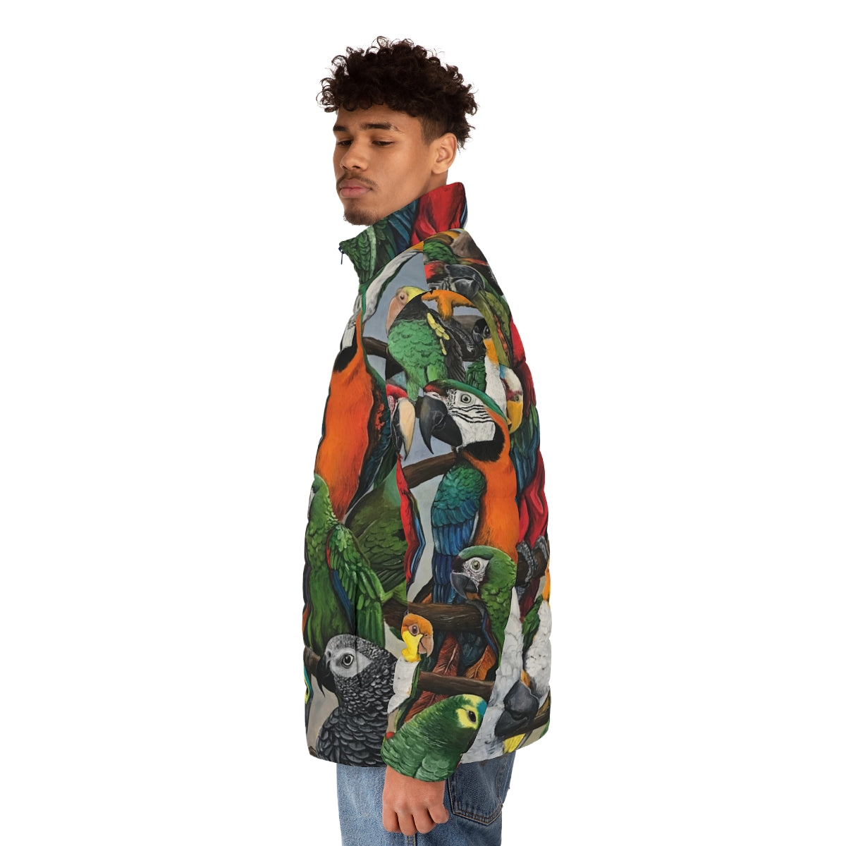 Exotic bird puffer jacket with vibrant bird designs - men side left