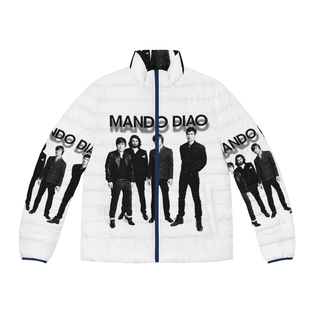 Mando Diao punk rock puffer jacket with band logo and comic book graphics