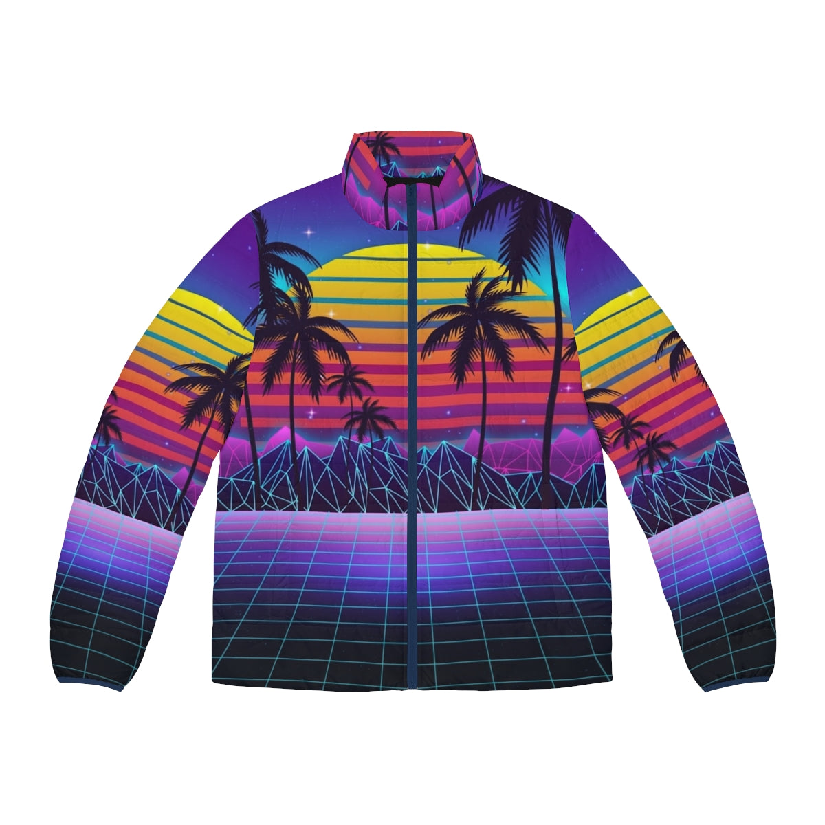 Radiant sunset synthwave puffer jacket with futuristic aesthetic