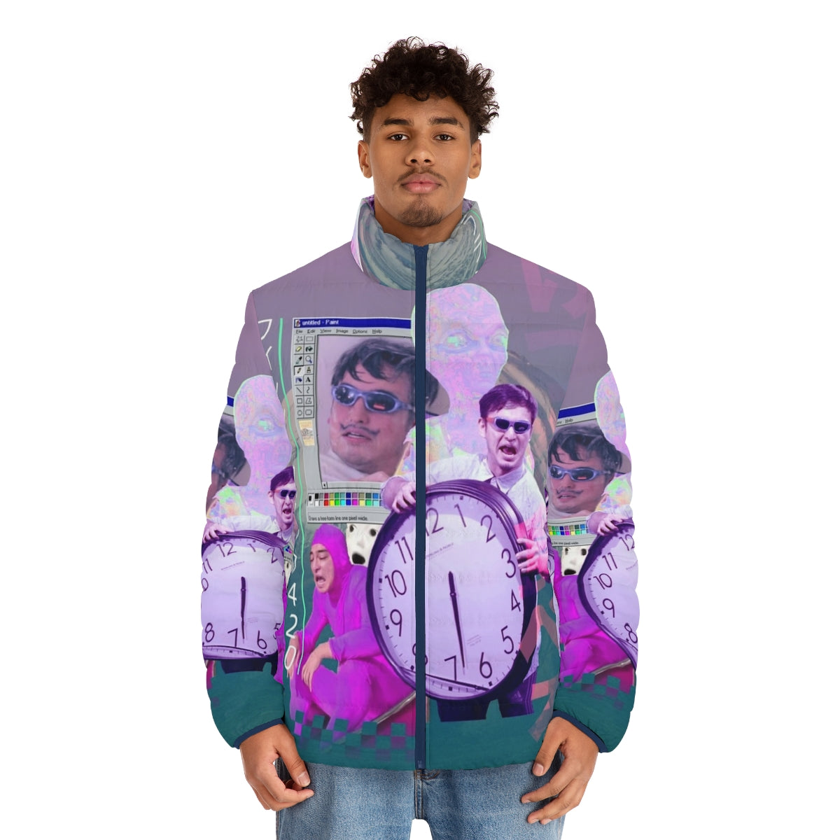 Filthy Frank 420 vaporwave puffer jacket with retro 90s aesthetic - men front