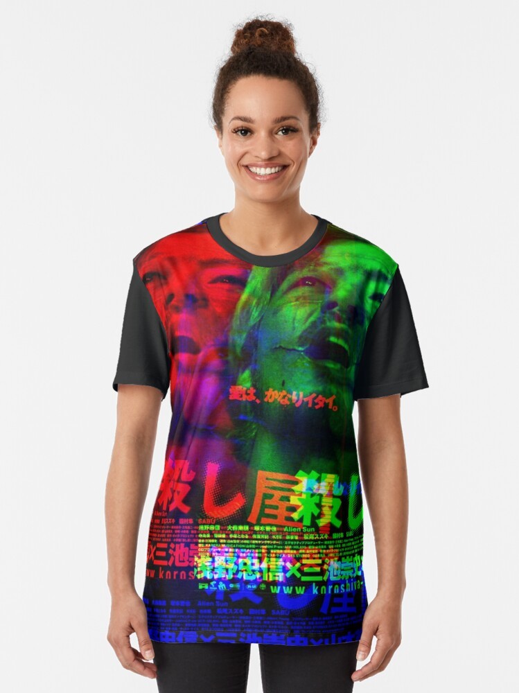 Ichi the Killer Glitch Graphic T-Shirt featuring spooky Japanese manga-inspired art with violence, scars, and a glitch effect. - Women