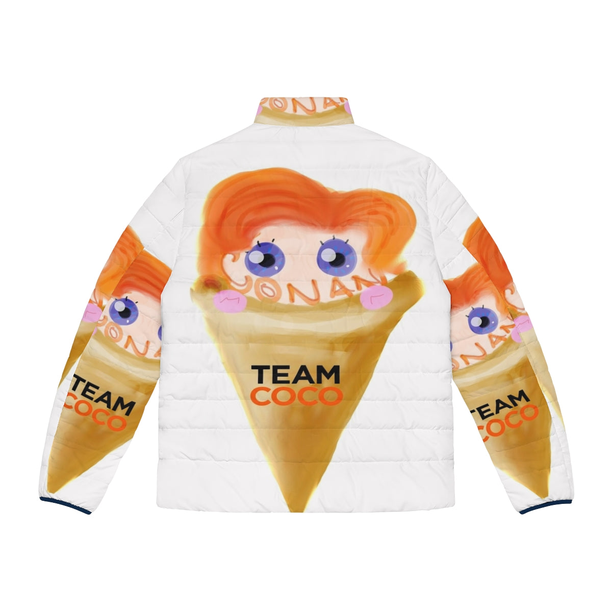 Image of a puffer jacket with an ice cream design, featuring Conan O'Brien branding - Back