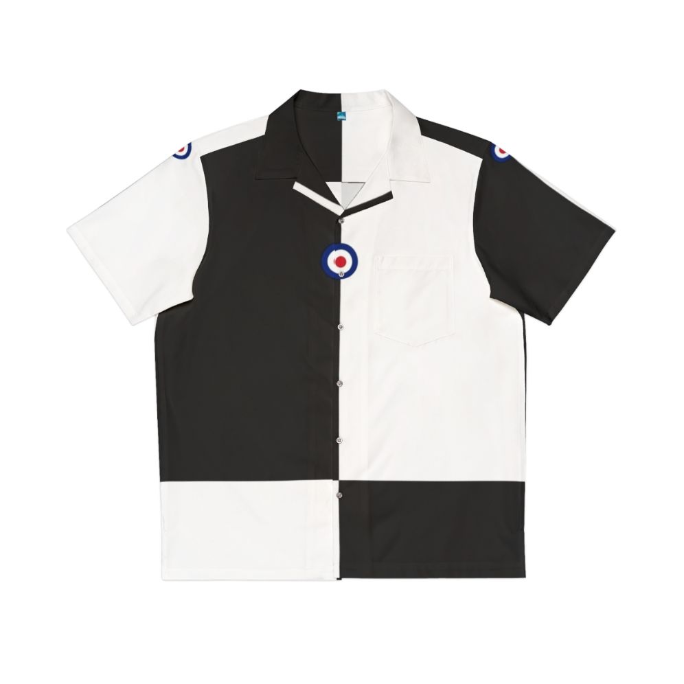 Mod Hawaiian shirt with black and white checkerboard pattern and mod logo