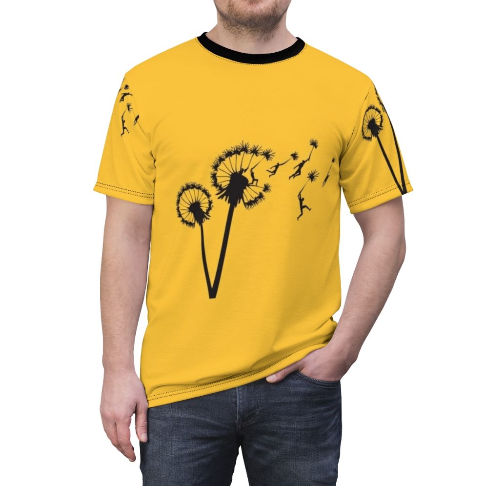 Whimsical illustration of dandelion seeds floating in the wind, with stylized human silhouettes - men front