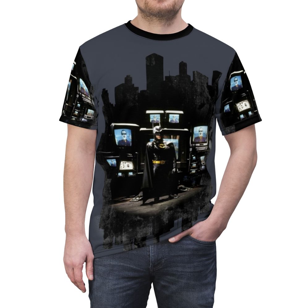 A stylish t-shirt featuring the iconic silhouette of the Dark Knight against a cityscape - men front