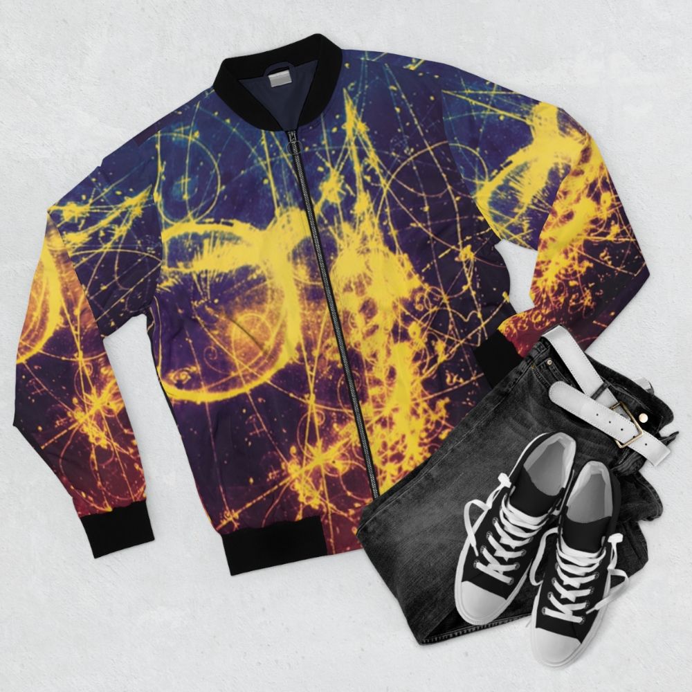 Colorful abstract art inspired bomber jacket featuring physics and particle design - Flat lay