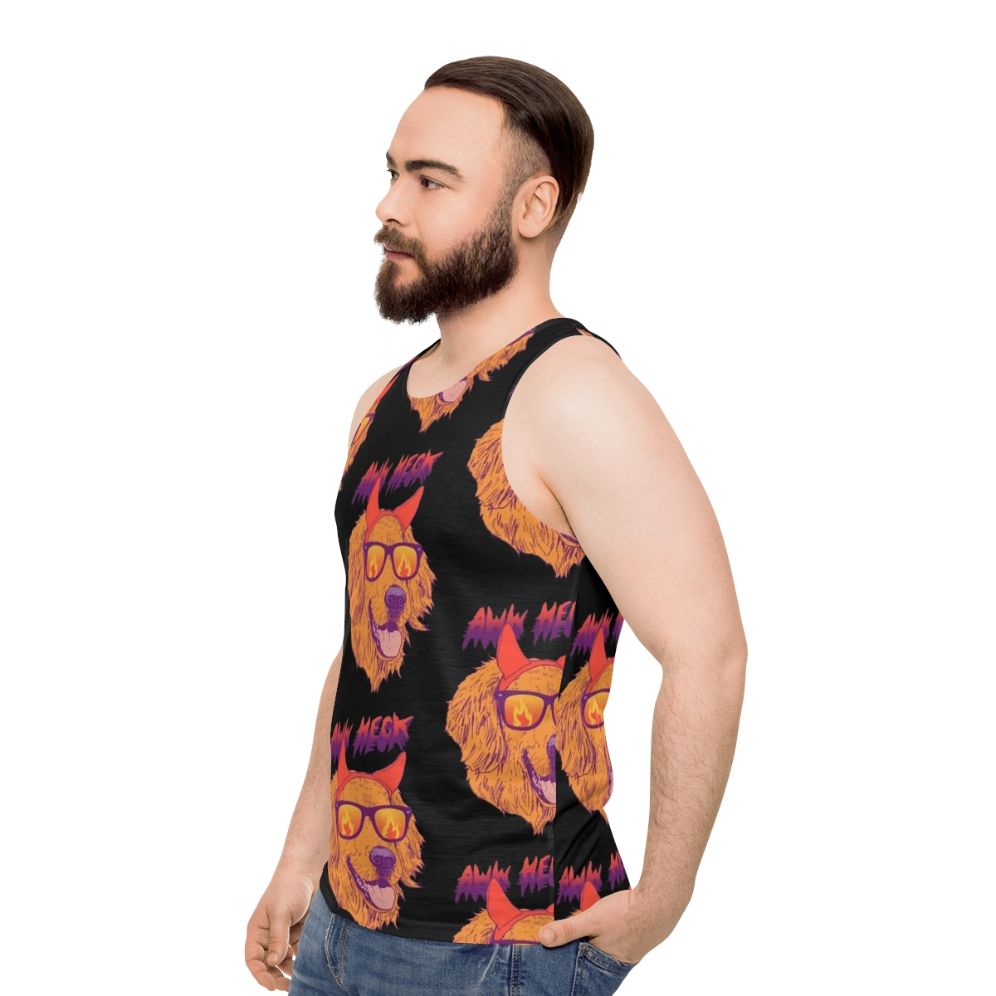 Golden retriever puppy wearing sunglasses and devil horns on a retro-style tank top - men side