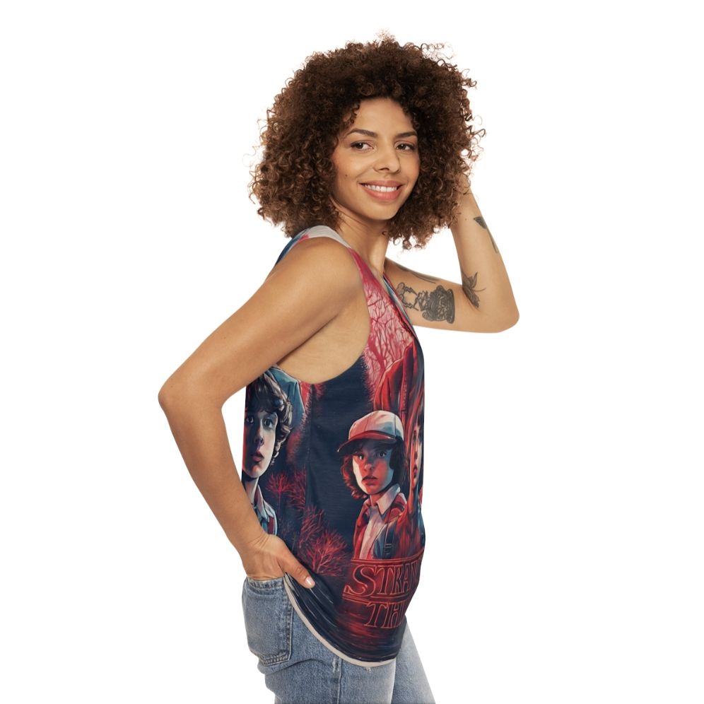 Stranger Things inspired unisex tank top featuring characters and elements from the show - women side