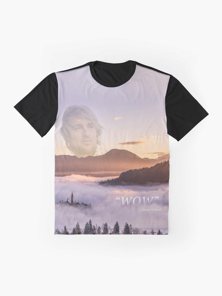 A graphic t-shirt featuring an inspirational "WOW" quote from actor Owen Wilson - Flat lay