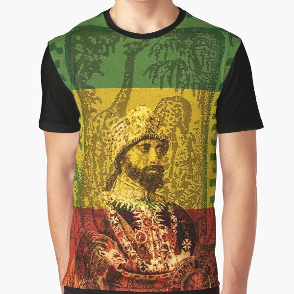 Haile Selassie Emperor of Ethiopia Graphic T-Shirt with Rastafarian and Reggae Motifs