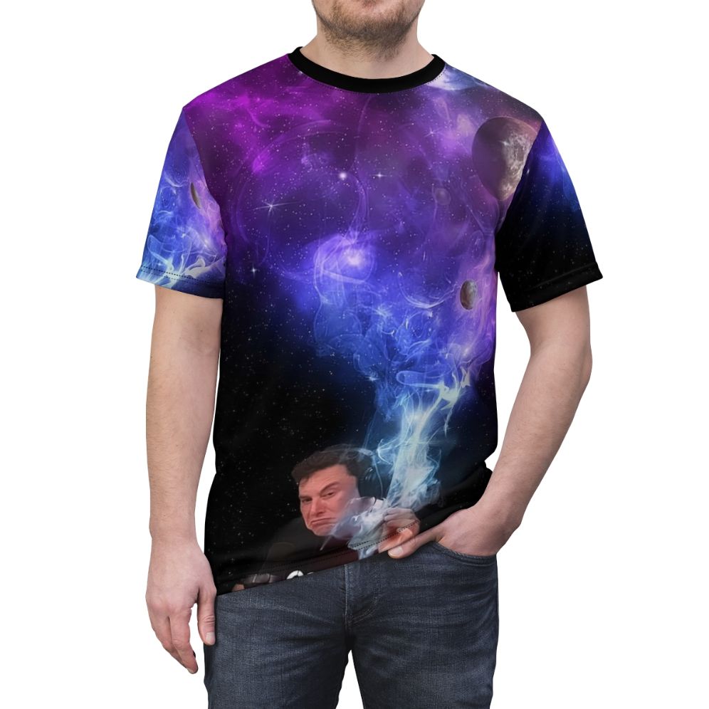 Elon Musk smoking in a surreal, cosmic universe with stars, clouds and the moon. - men front