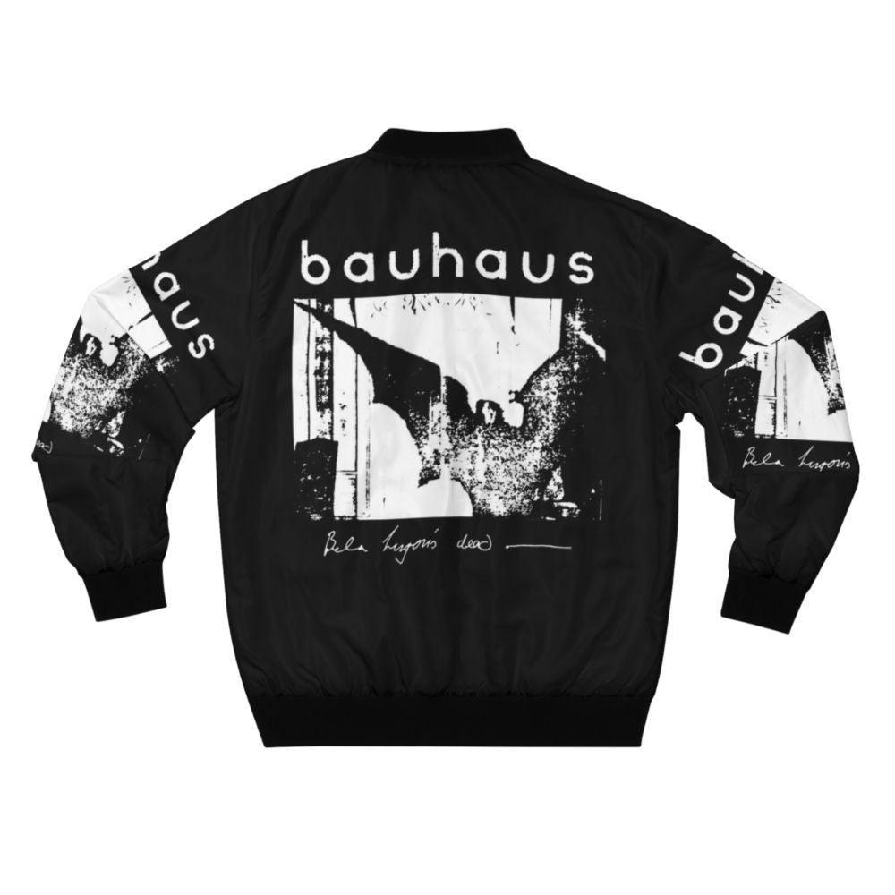 Bauhaus inspired bomber jacket with bat wing design and "Bela Lugosi's Dead" text - Back