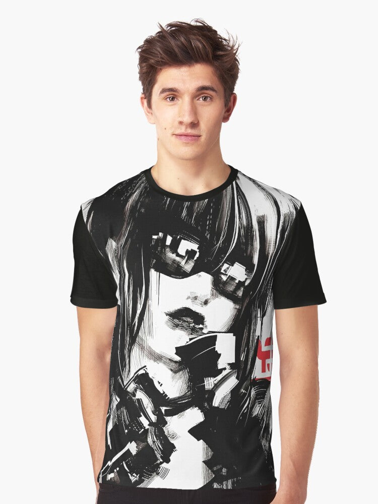 Cyberpunk-inspired urban fashion graphic t-shirt with futuristic, minimalist design - Men