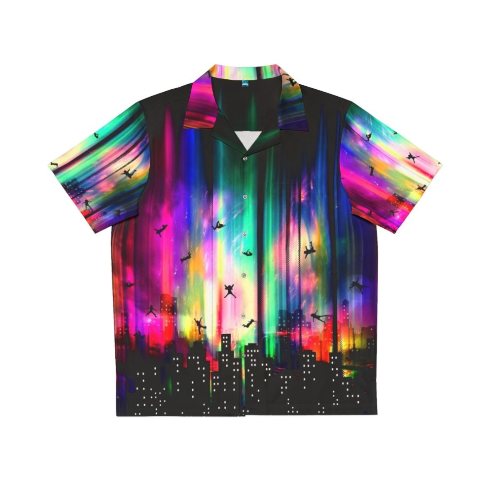 Neon Hawaiian Shirt with Vibrant Urban Skyline and Alien Influences