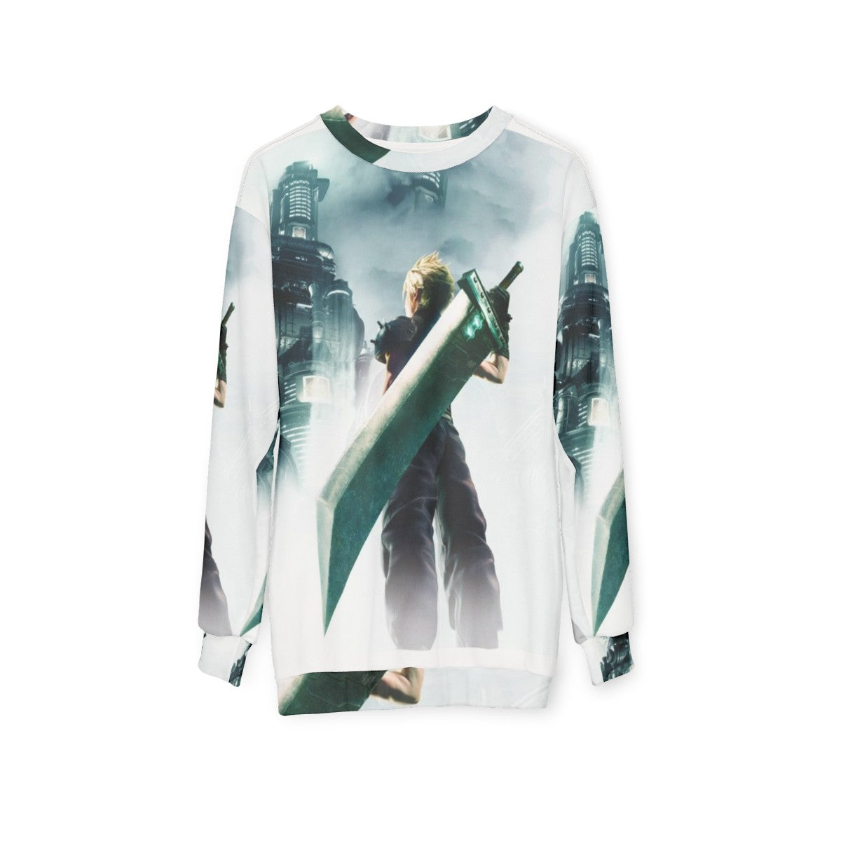 Final Fantasy 7 Remake Sweatshirt featuring Cloud, Sephiroth, and Midgar - hanging