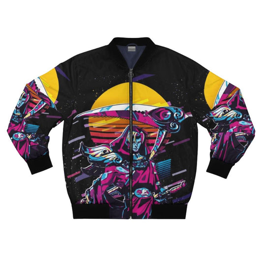 Retro 80s bomber jacket featuring Thanatos and Hades from the popular game Hades