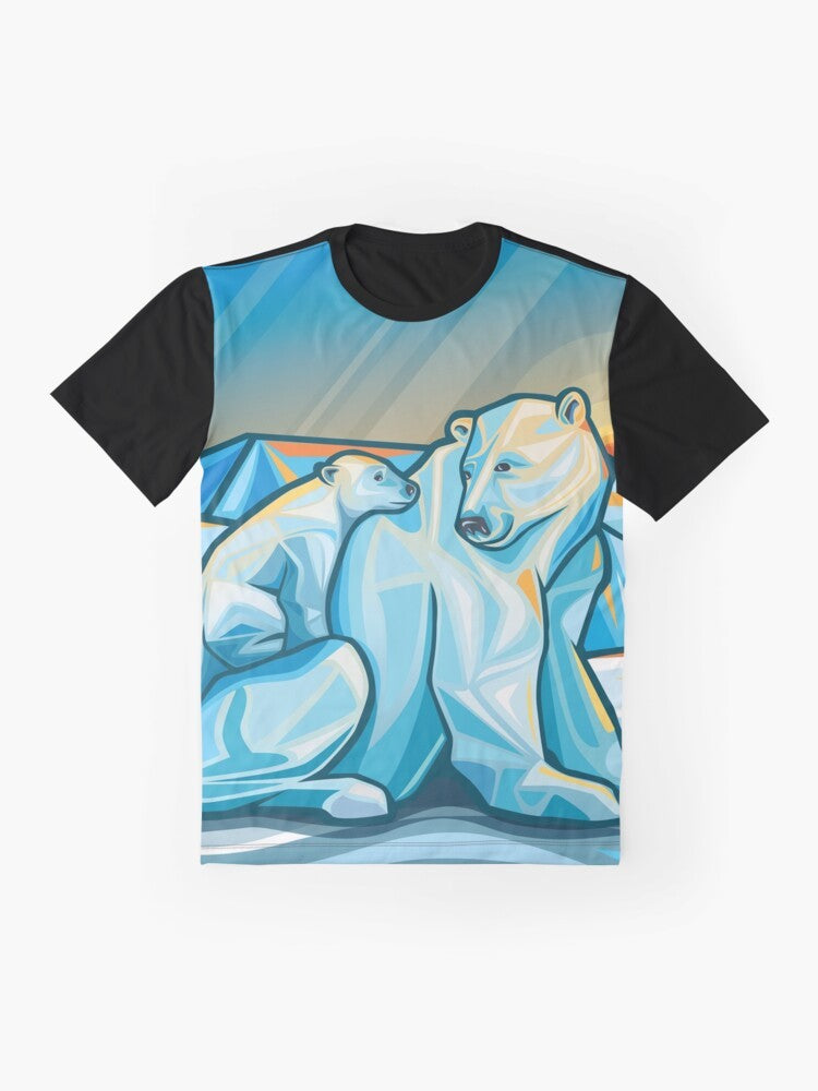 Graphic t-shirt featuring a polar bear and cub in the arctic landscape - Flat lay