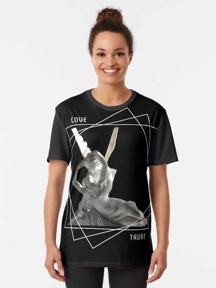 Psyche and Eros graphic t-shirt featuring a mythological design from ancient Greek mythology - Women