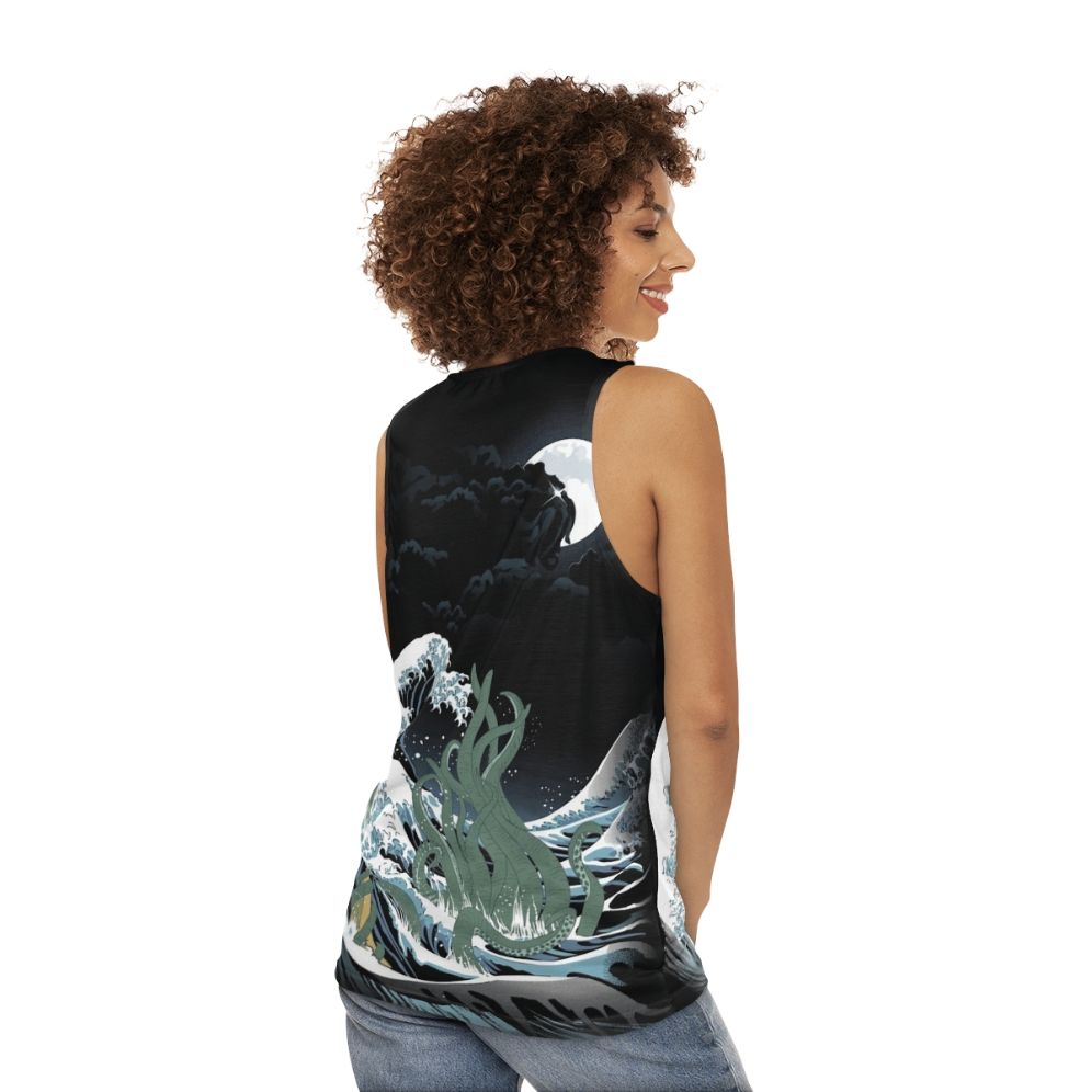 Cthulhu inspired unisex tank top with Japanese art elements - women back