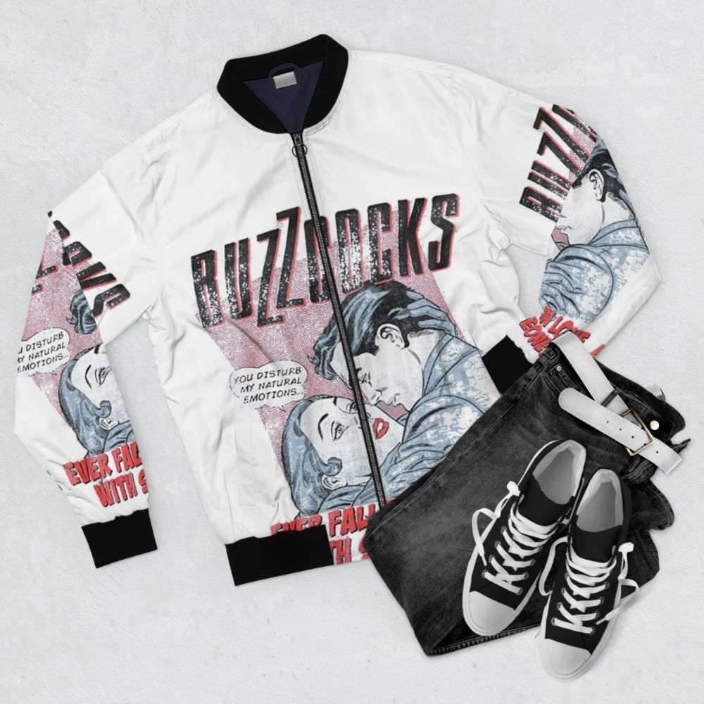 Buzzcocks punk-inspired bomber jacket with Ever Fallen in Love design - Flat lay