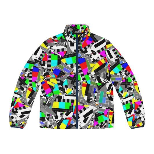 Puffer jacket featuring a TV test image with abstract geometric color pattern and digital distortion