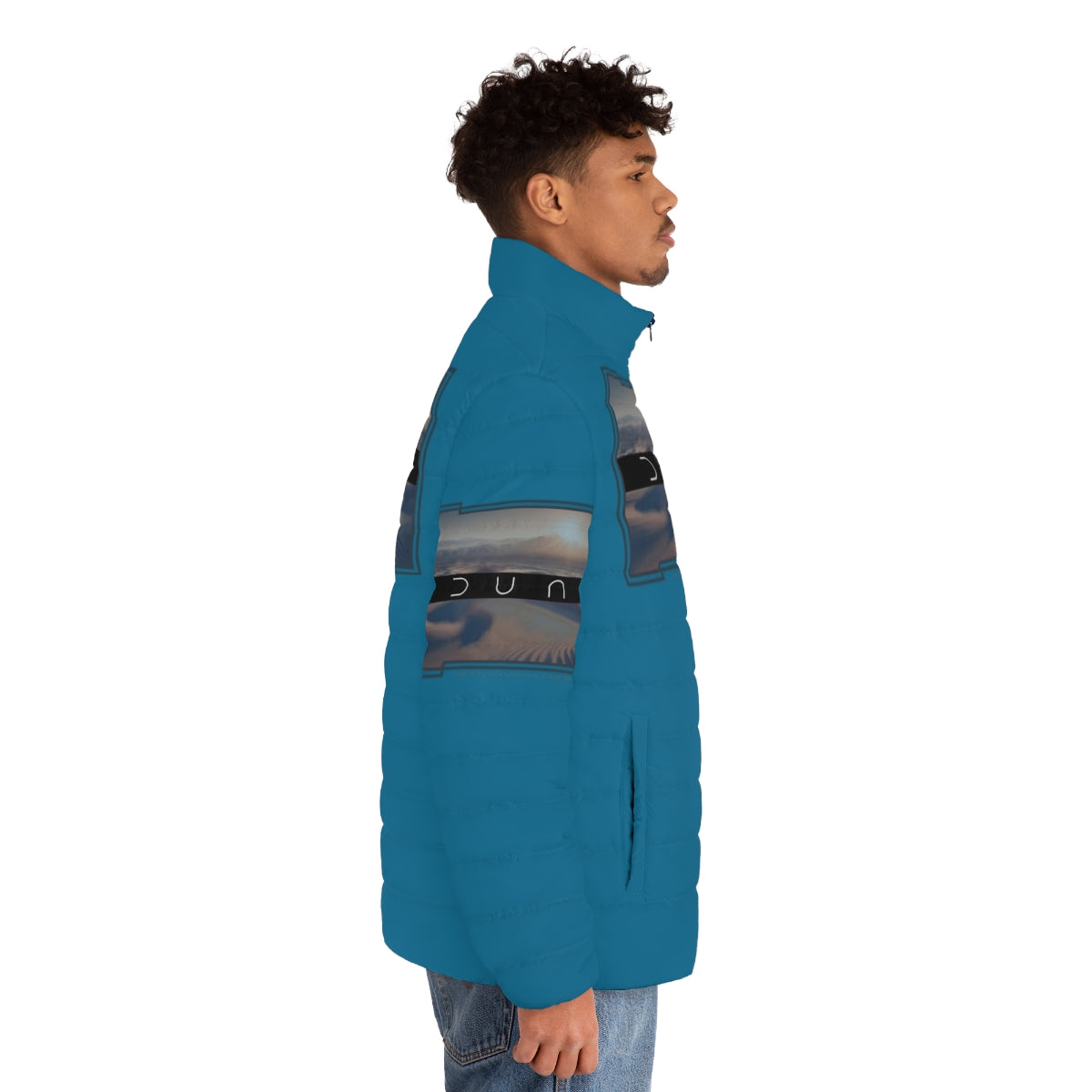 Dune-themed puffer jacket with a striking desert and twin moons graphic - men side right