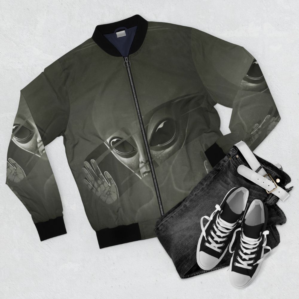 Intergalactic Alien Bomber Jacket with Sci-Fi Inspired Design - Flat lay