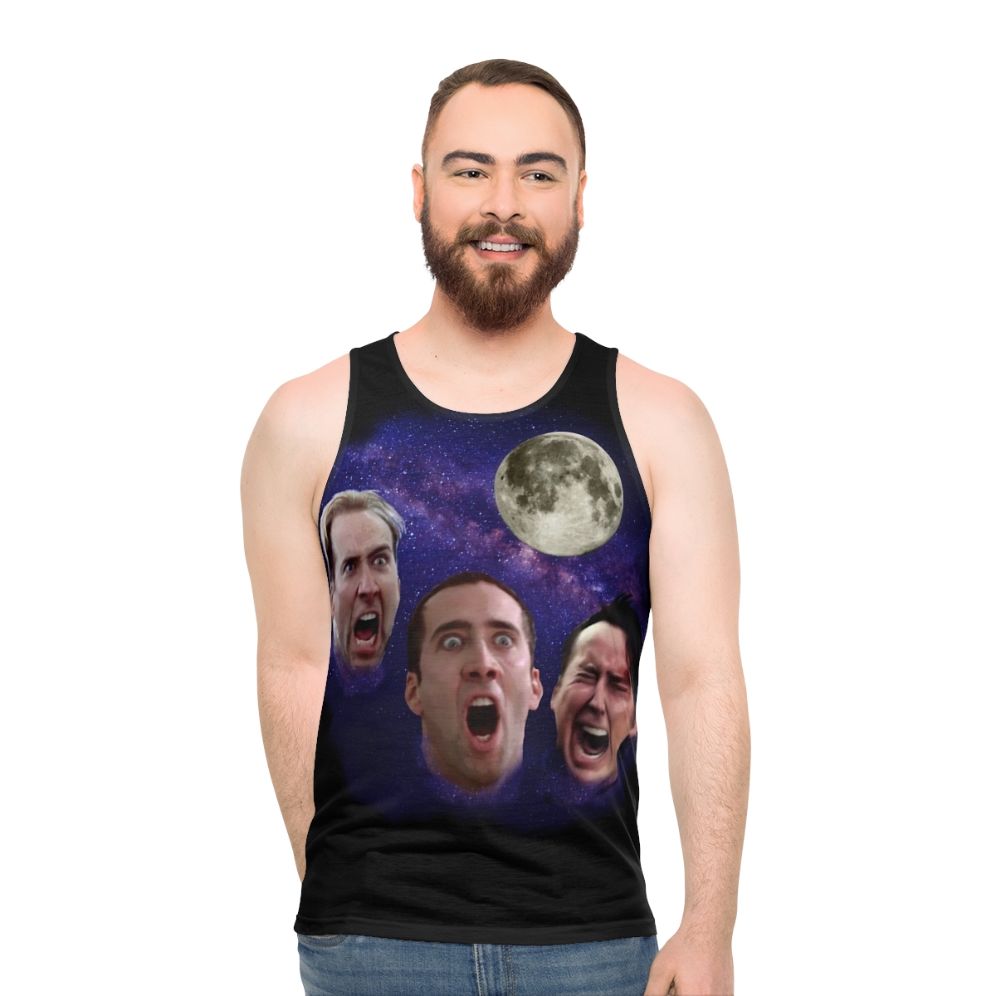 Unisex tank top featuring a Three Cage Moon meme design - men