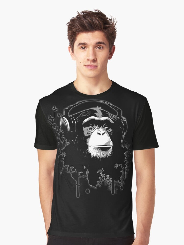 A black t-shirt featuring a cool monkey/chimpanzee graphic in an urban graffiti-style design. - Men