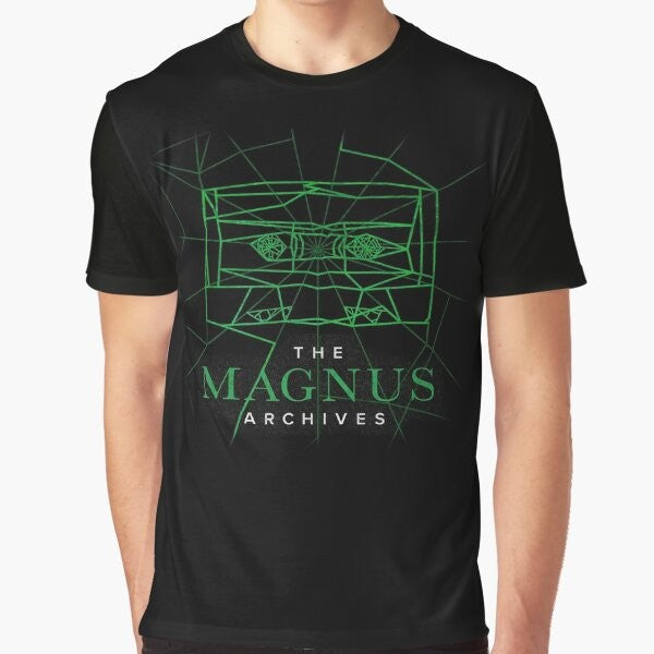 The Magnus Archives logo graphic t-shirt featuring a spiderweblike design with 80s synth elements and a tape cassette, perfect for fans of the horror podcast.