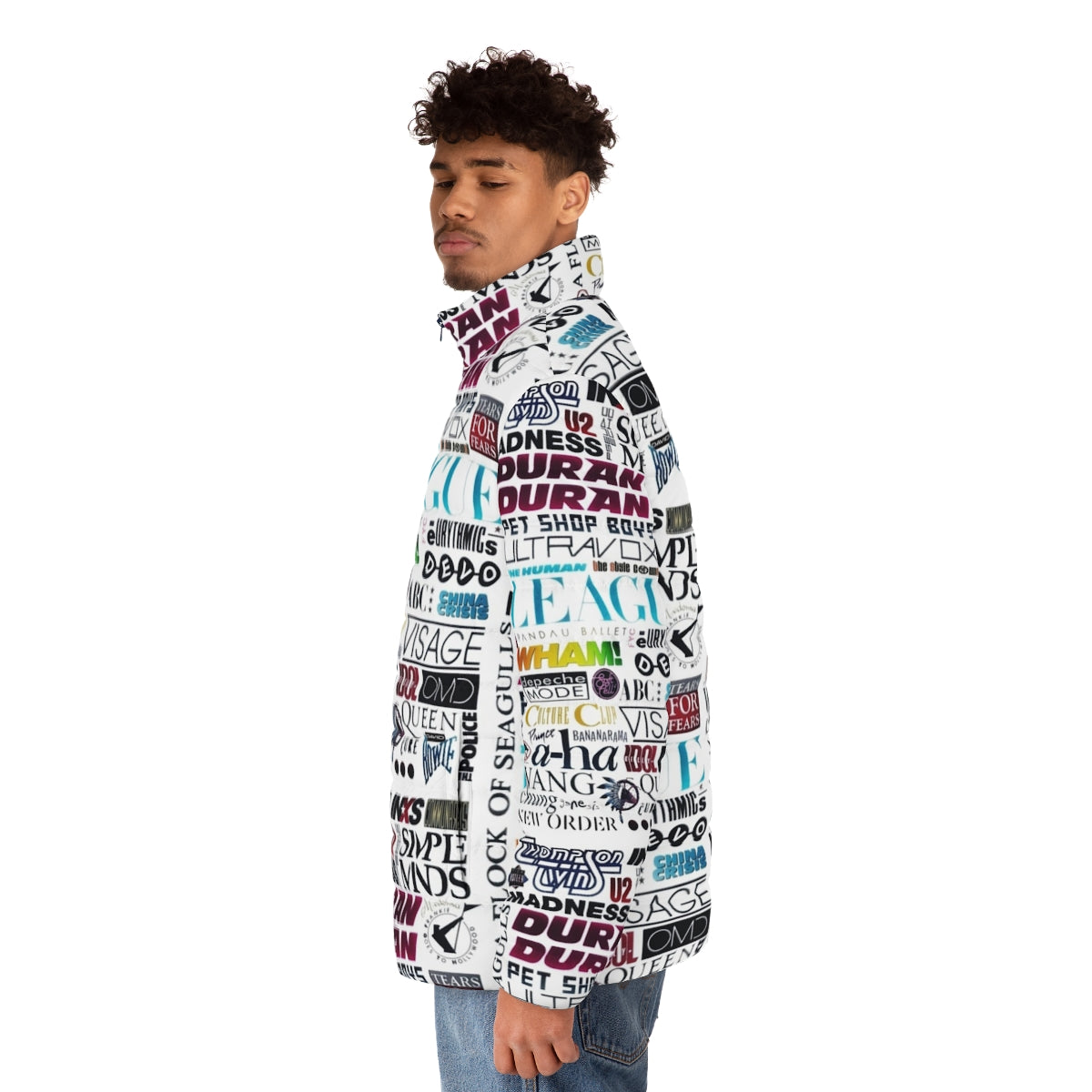 Retro 1980s-inspired puffer jacket with pop music logo design - men side left