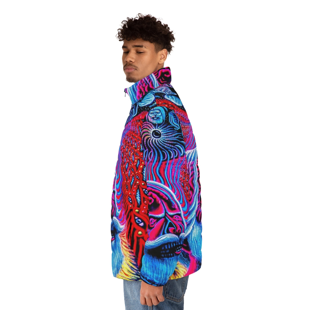 Psychedelic rock puffer jacket featuring Alex Grey's iconic artwork - men side left