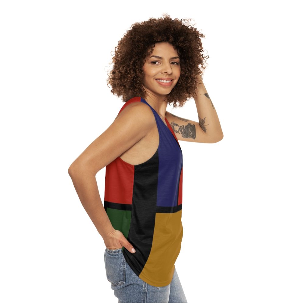 Colorful, geometric Mondrian-inspired unisex tank top - women side