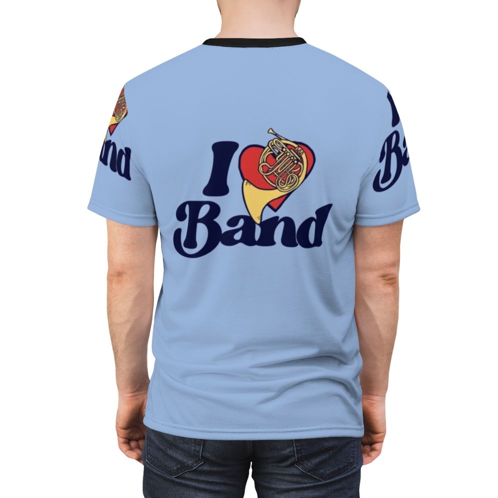 Person wearing a T-shirt with a French horn graphic, representing a love for music and band. - men back