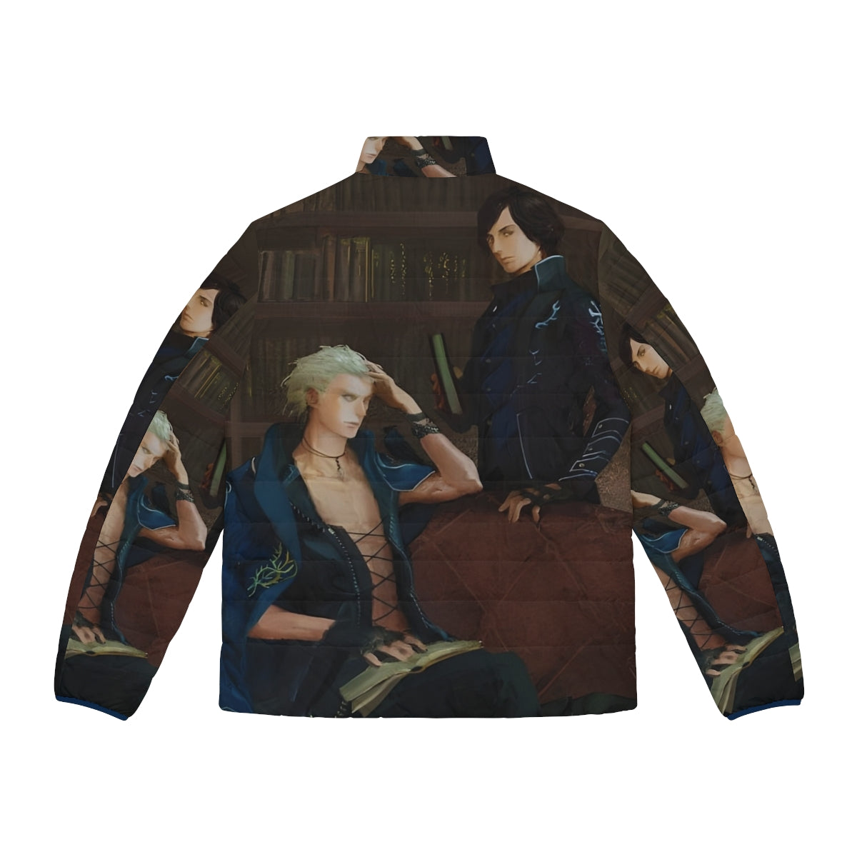 Devil May Cry Painting Puffer Jacket featuring characters Dante, Vergil, and Nero - Back