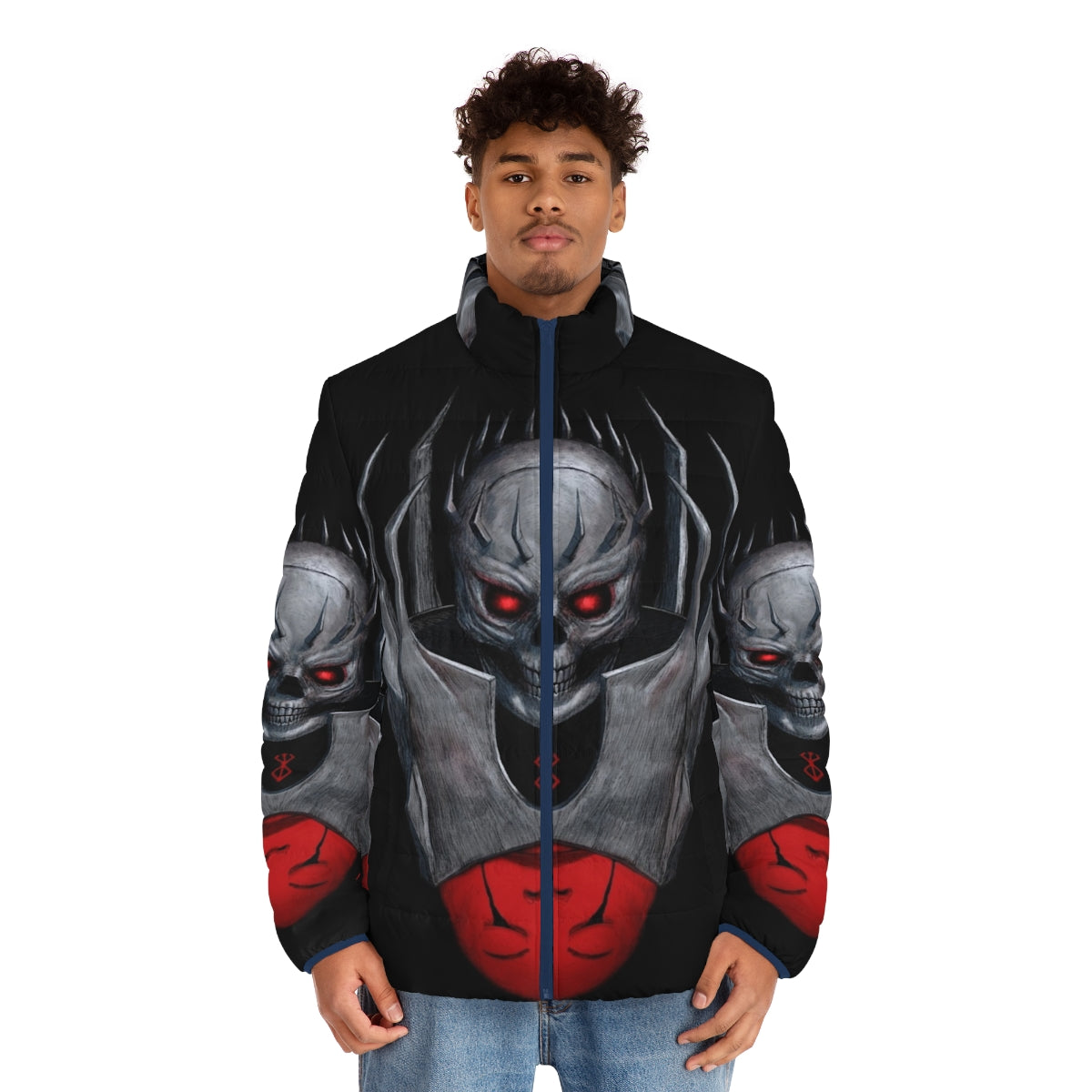 Skull Knight Puffer Jacket featuring a gothic and edgy design - men front