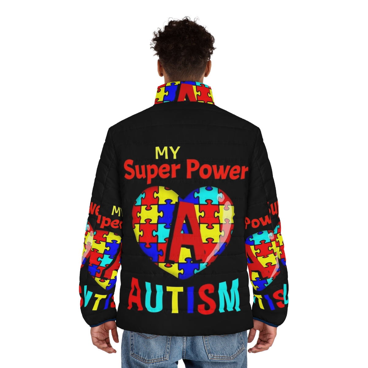 Autism Awareness My Super Power Puffer Jacket with puzzle pieces and heart - men back