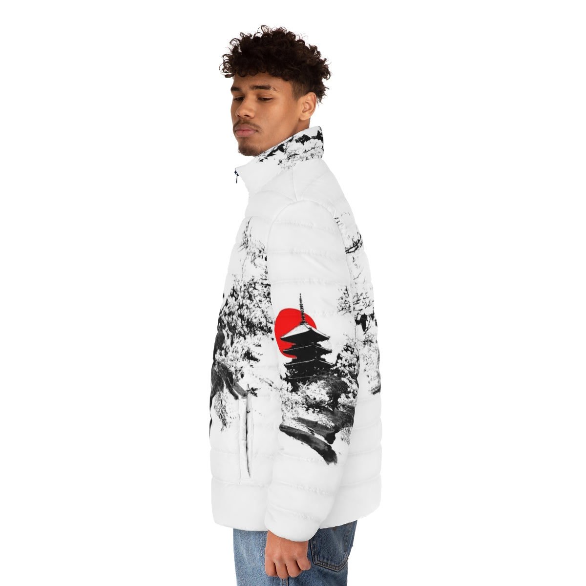 Japan Kyoto Puffer Jacket with Japanese Landmarks and Fashion Icons - men side left