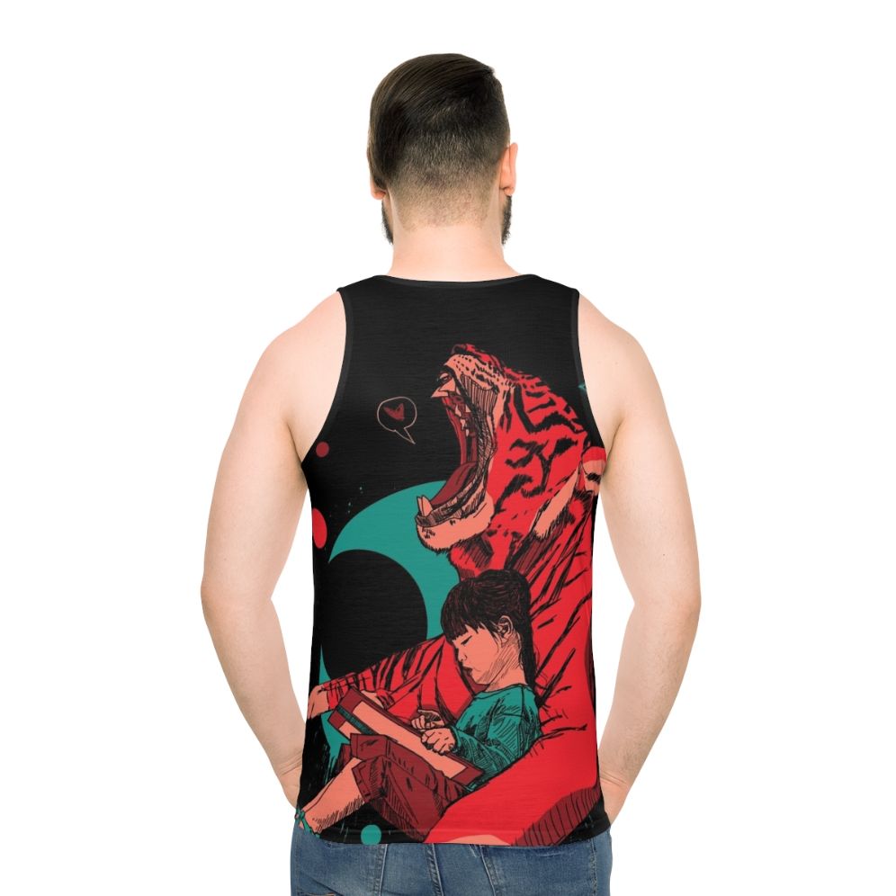 Unisex fantasy graphic tank top featuring a tiger and girl - men back