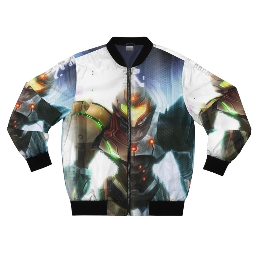 Metroid inspired bomber jacket featuring Samus Aran and futuristic space elements