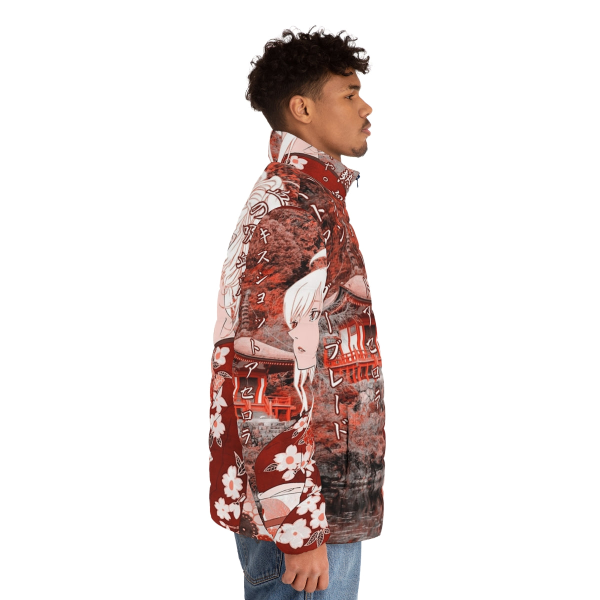 Anime-inspired Kiss Shot Yukata puffer jacket with beautiful scenery and quote - men side right