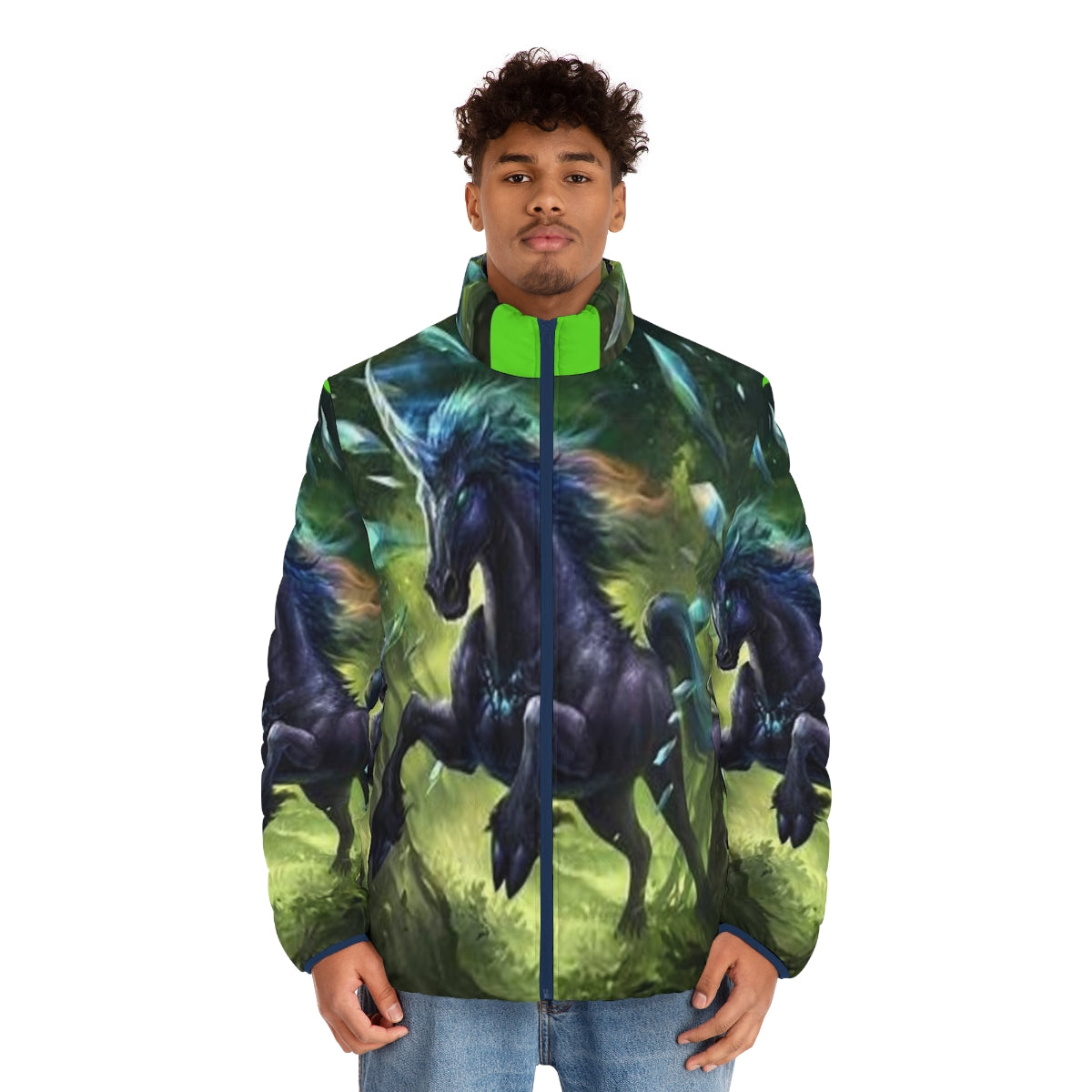 A black unicorn puffer jacket featuring a fantasy animal design - men front