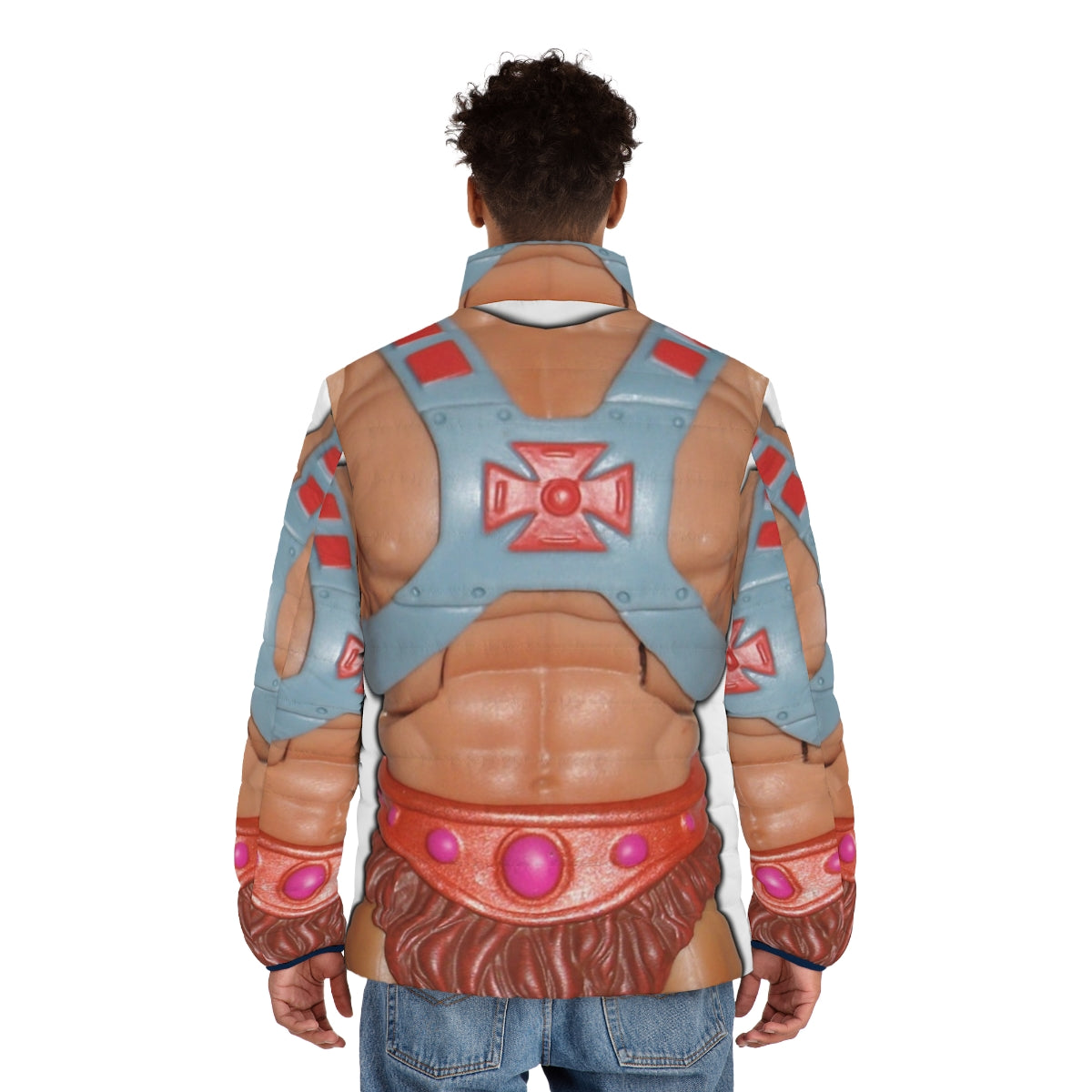 Puffer jacket featuring a He-Man action figure graphic design - men back