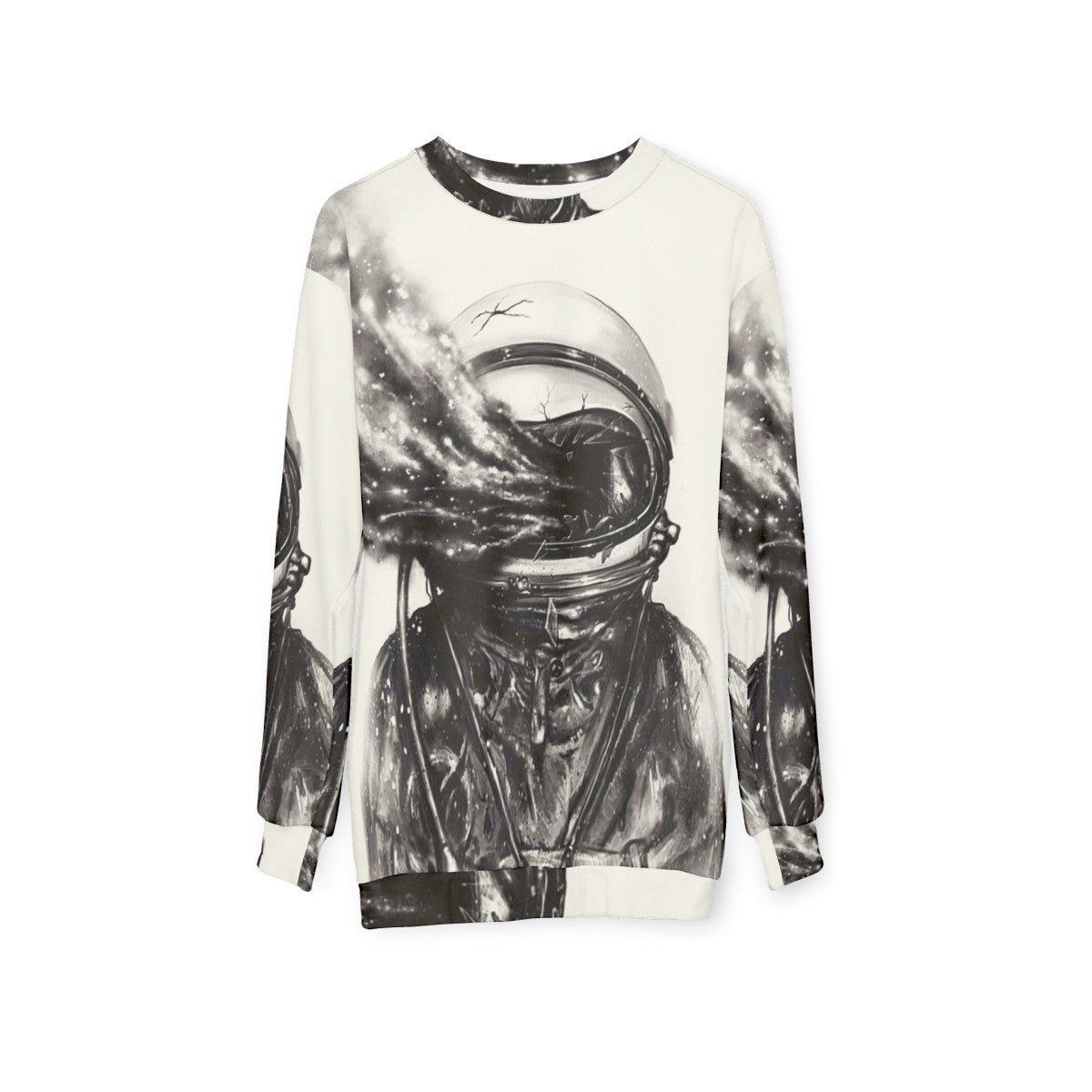 Transposed cosmic galaxy sweatshirt with surreal spaceman design - hanging