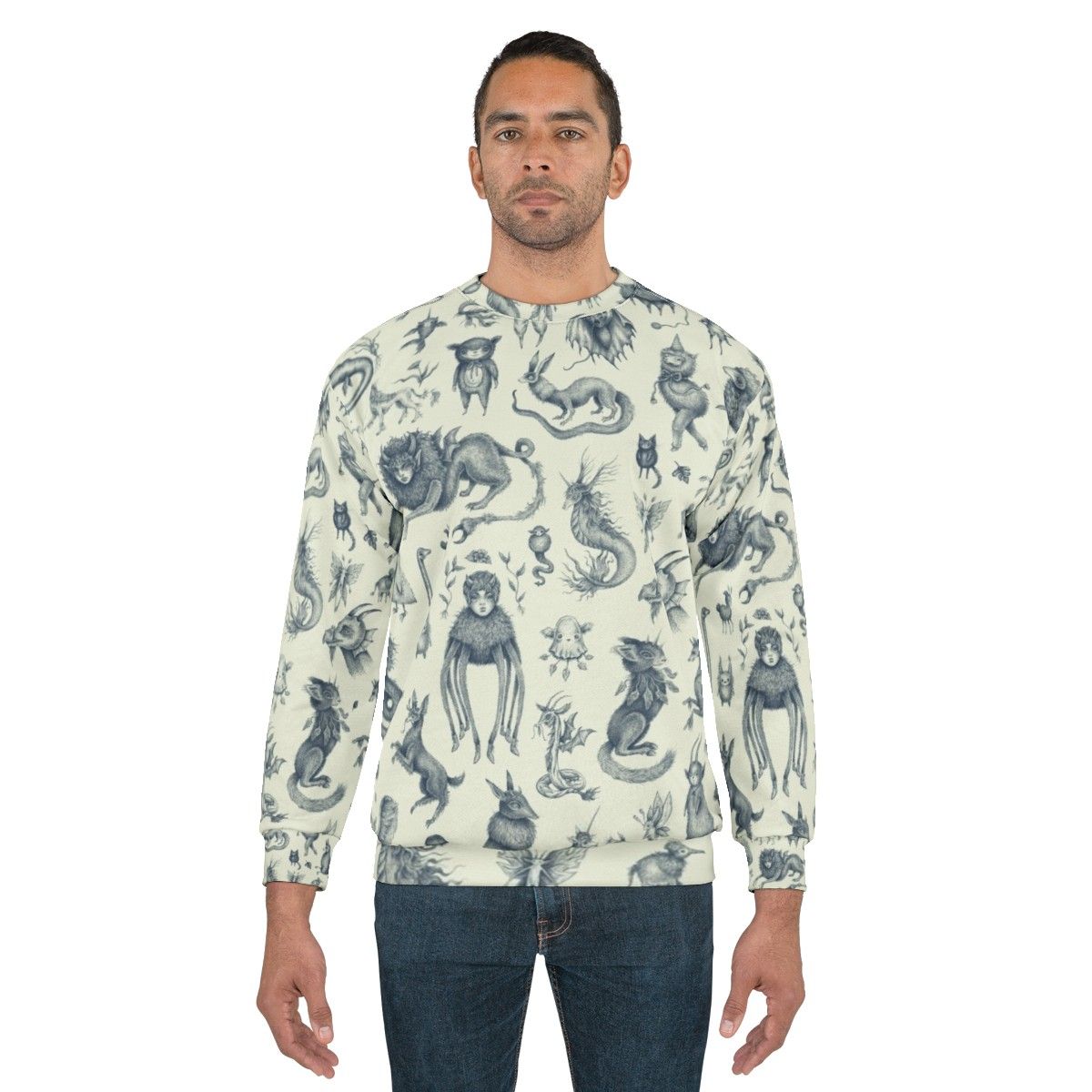 Sweatshirt with a pattern of mythical creatures like Bigfoot, Nessie, and dragons in a pastel, nature-inspired design - men